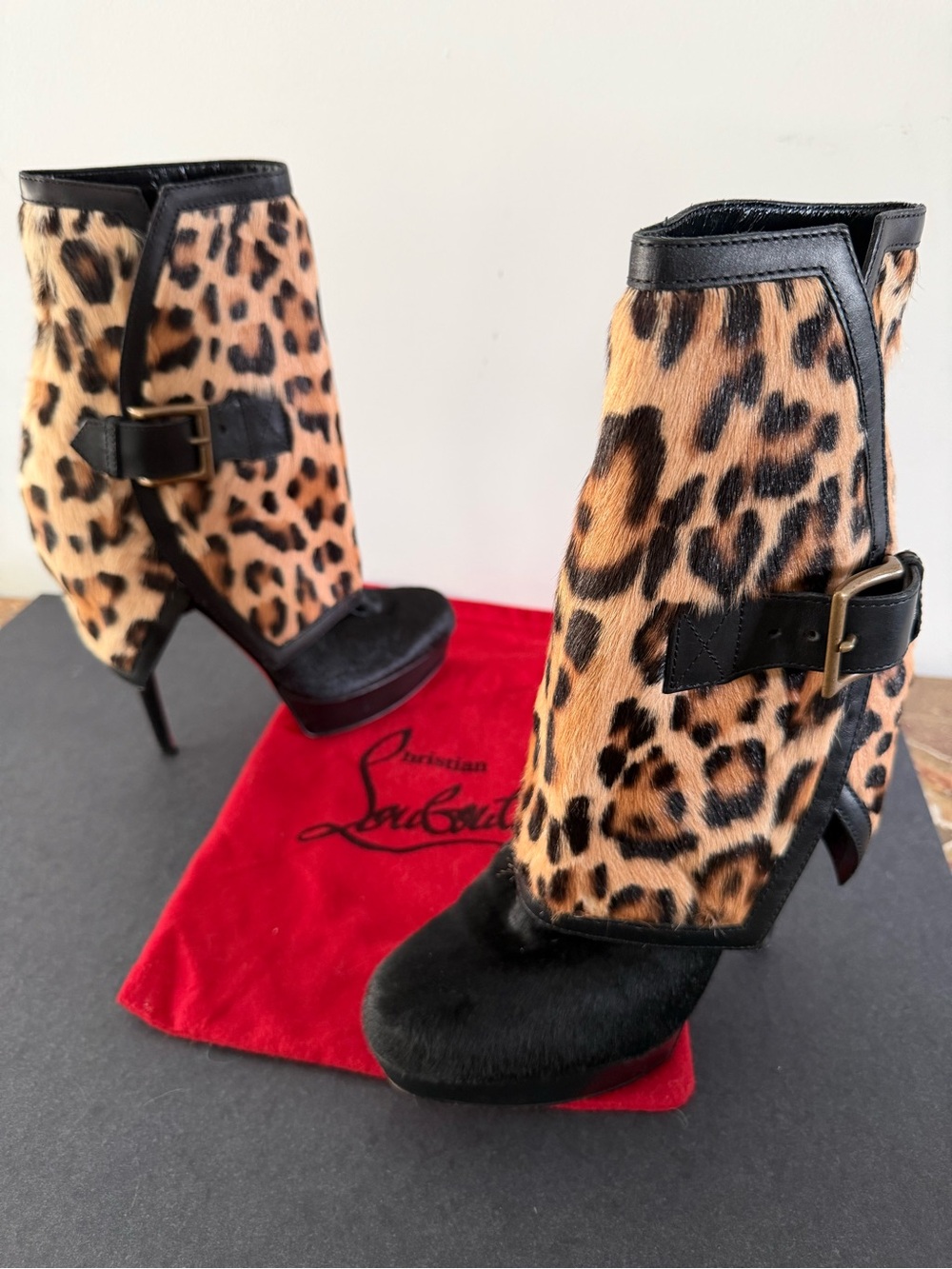 Christian Louboutin Leopard-Print Ankle Booties in Black & Tan